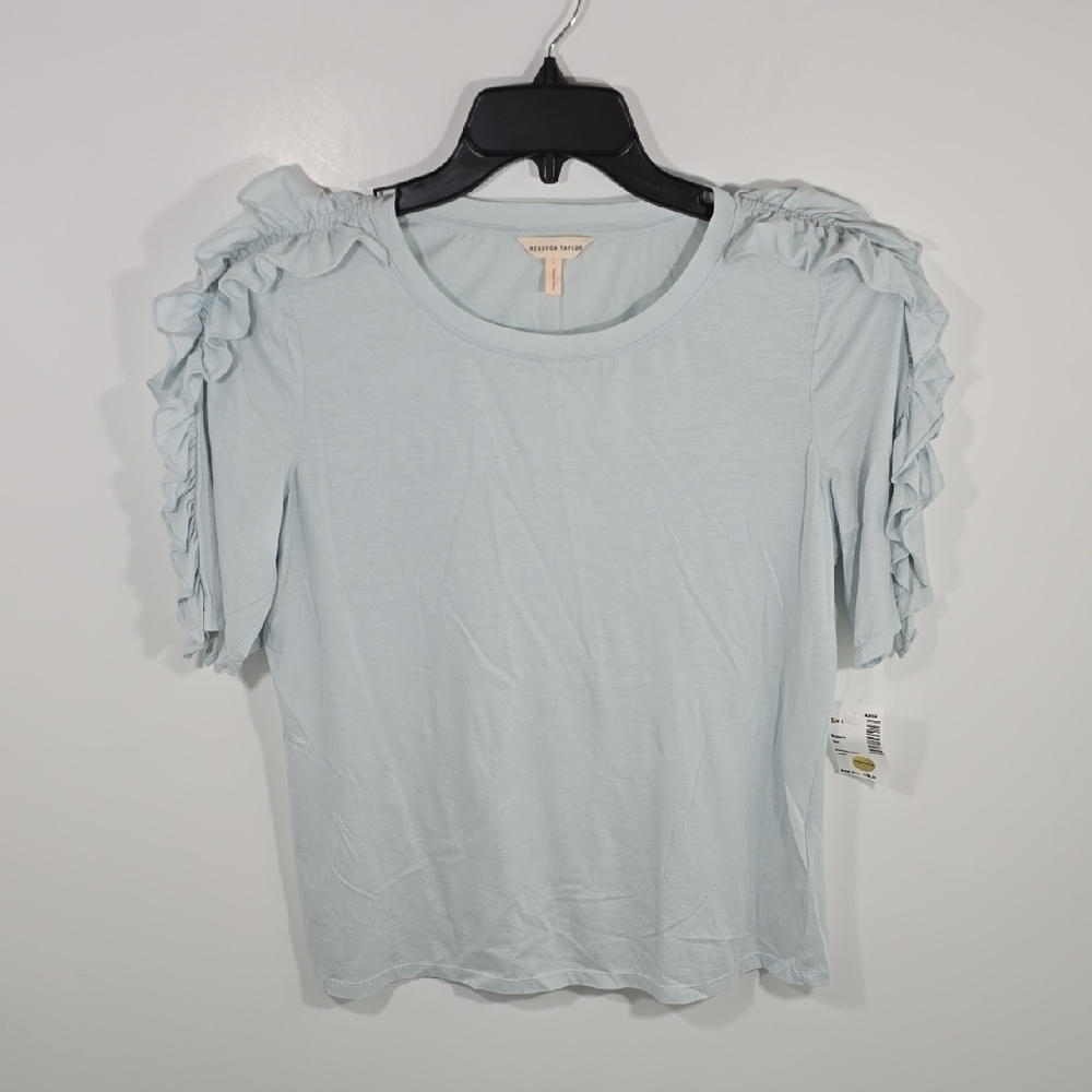 {Rebecca Taykor} NWT Ruffled Sleeve Light Blue Top - Large - Picture 3 of 13